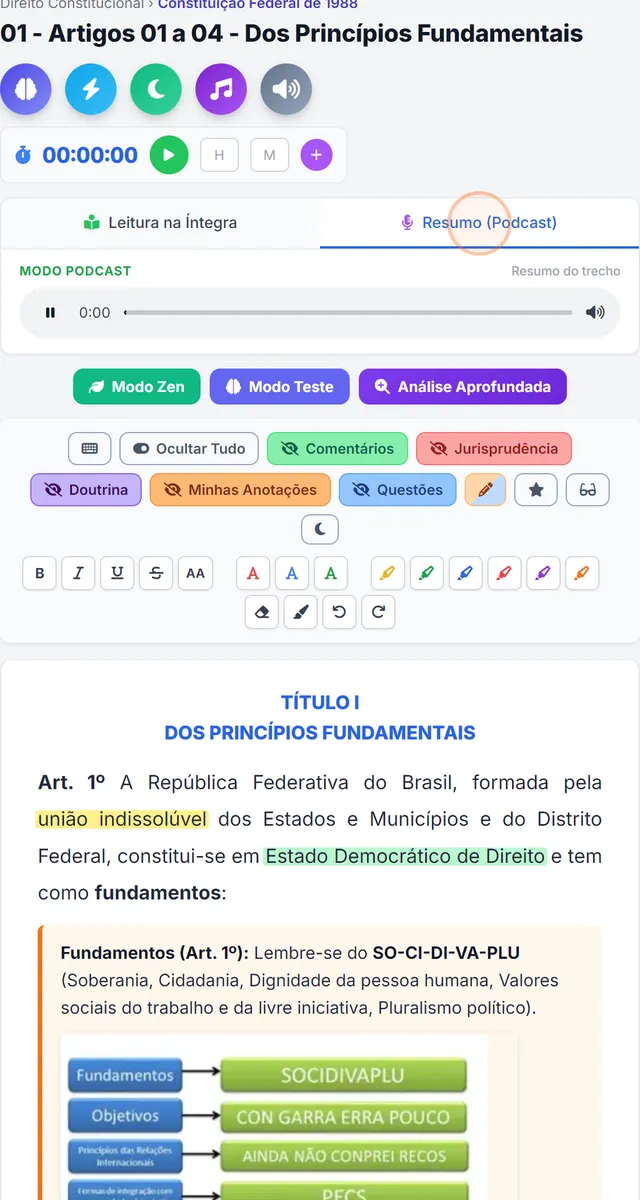 O áudio da lei no app do Estudo Lei Seca, com a leitura na íntegra e o resumo em podcast