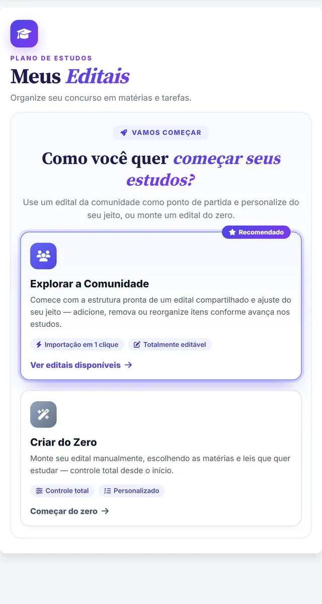 Tela Meus Editais no celular, com as opções Explorar a Comunidade e Criar do Zero