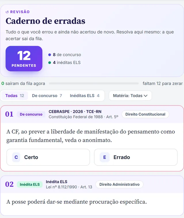 Caderno de erradas no celular, com as questões que faltam acertar