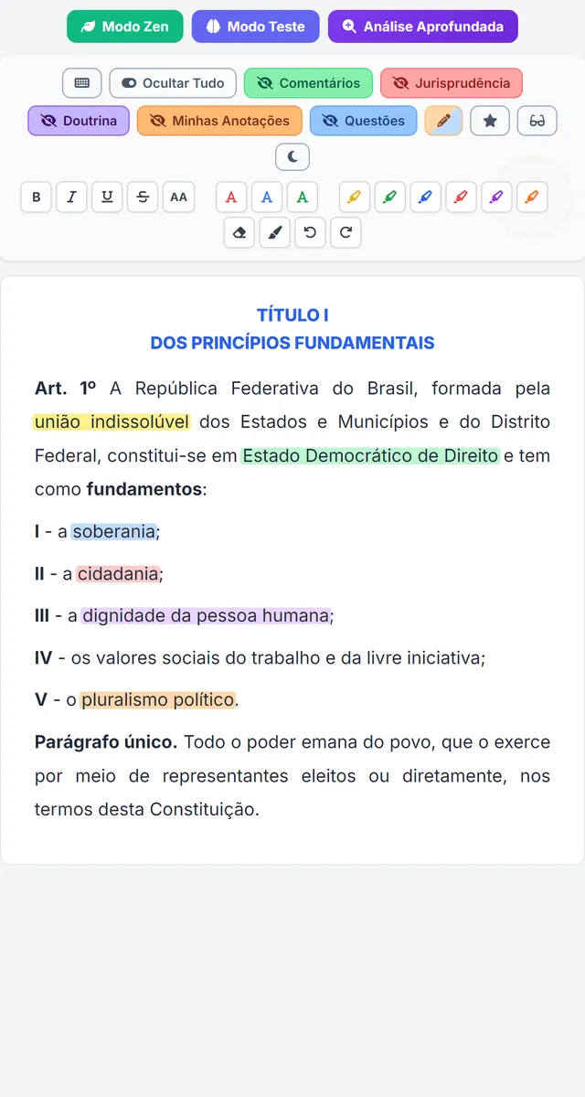 O app do Estudo Lei Seca no celular: a Constituição com marca-texto e a barra de ferramentas da lei