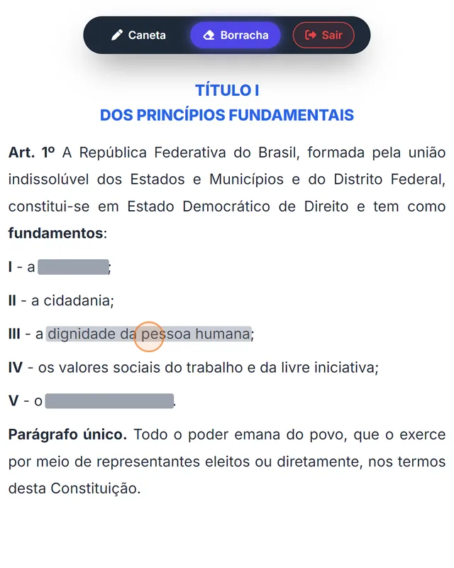 Modo Teste no celular, com palavras do art. 1º da Constituição escondidas e os botões Caneta e Borracha