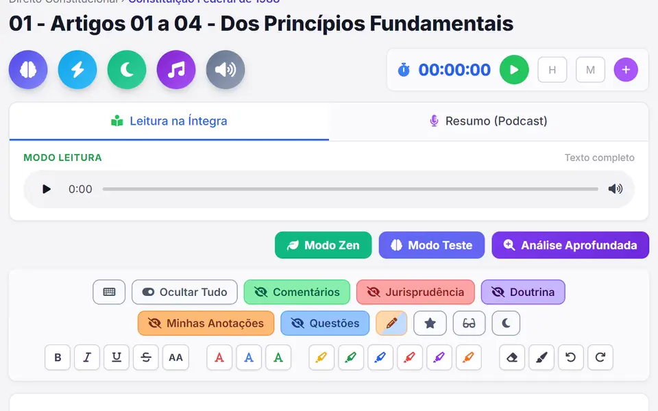 Tela da lei com o áudio da lei corrida e o resumo em podcast