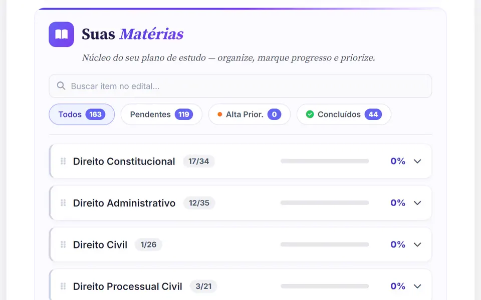 Tela Meu Edital do Estudo Lei Seca, com as matérias do concurso e o progresso de cada uma